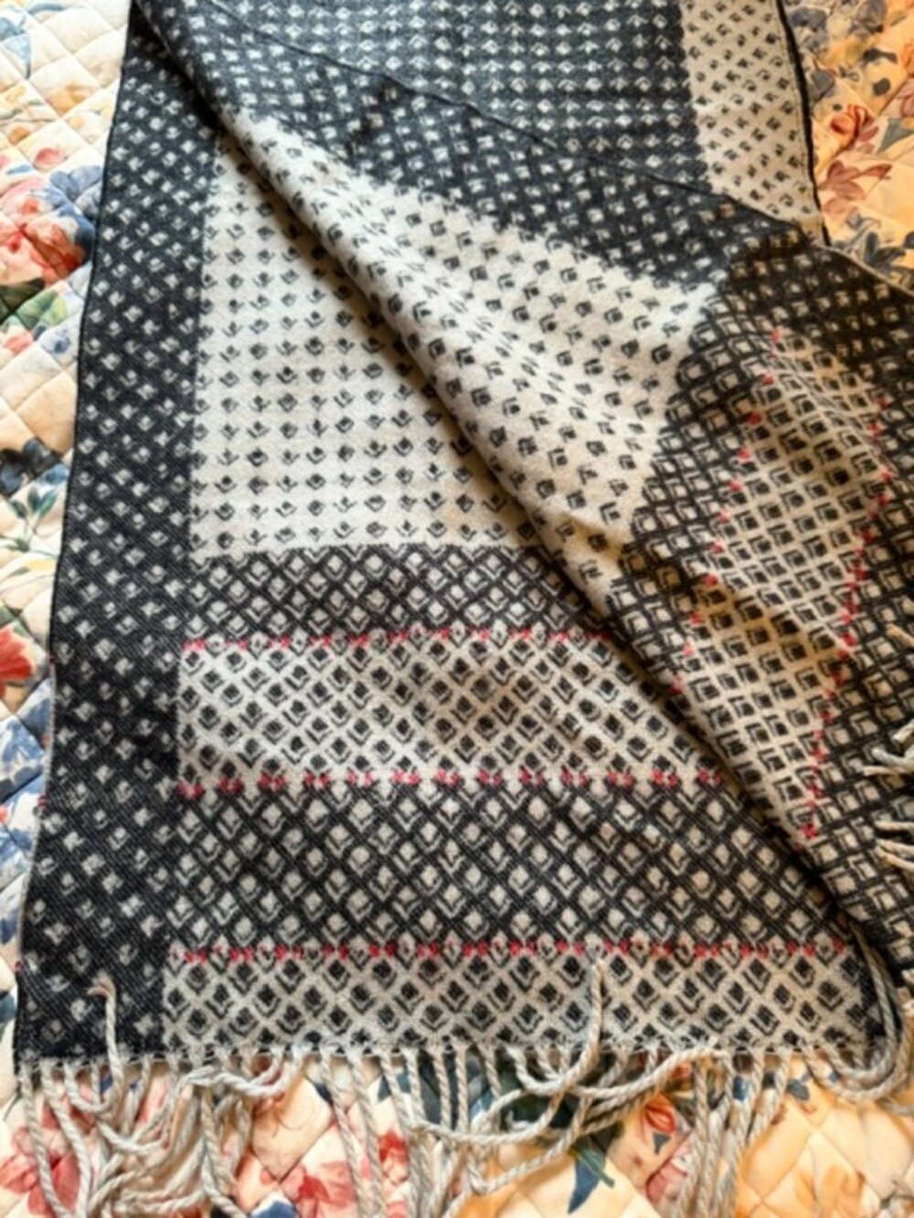Vera Bradley Patterned Winter Scarf- gray, black & red